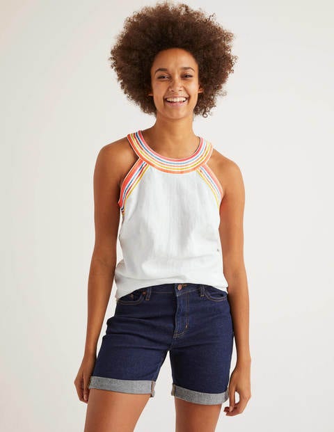 Top Dollie brodé en lin Femme Boden, WHT