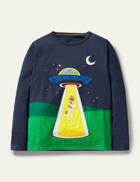 Lift-the-flap Space T-shirt - Stormy Blue UFO Landing | Boden US
