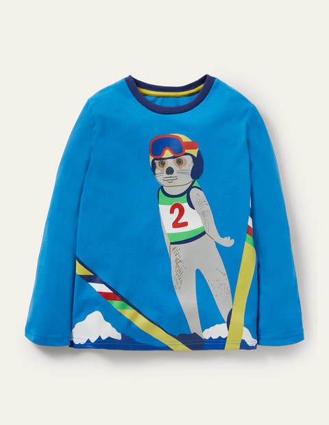 T-shirt à appliqué animal aux sports d'hiver Garçon Boden, BLU