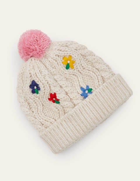Embroidered Knitted Hat White Girls Boden