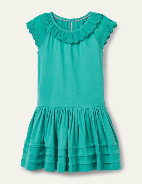 Broderie Detail Jersey Dress - Dark Turquoise Green | Boden UK
