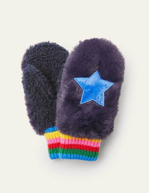 Faux Fur Mittens Navy Girls Boden