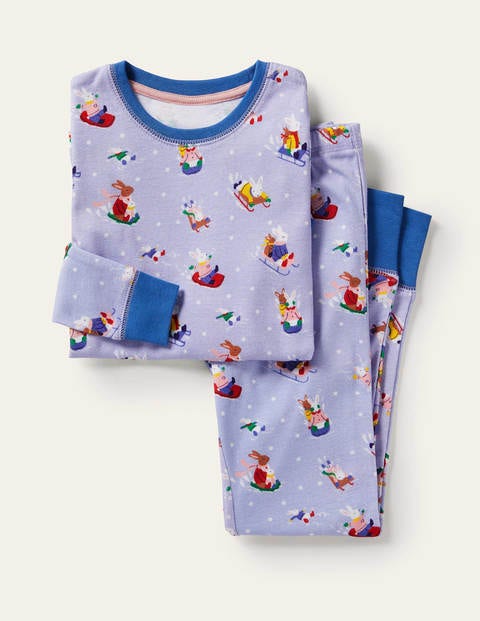 Snug Long John Pajamas - Winter Sky Blue Snow Bunnies