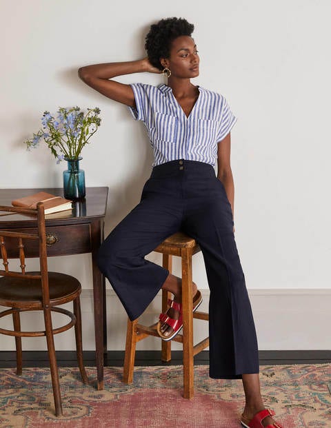 Pantalon Cornwall en lin Femme Boden, Bleu marine