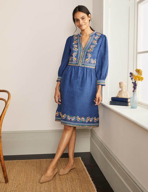Dakota Embroidered Linen Dress - Mid Blue Delave | Boden US