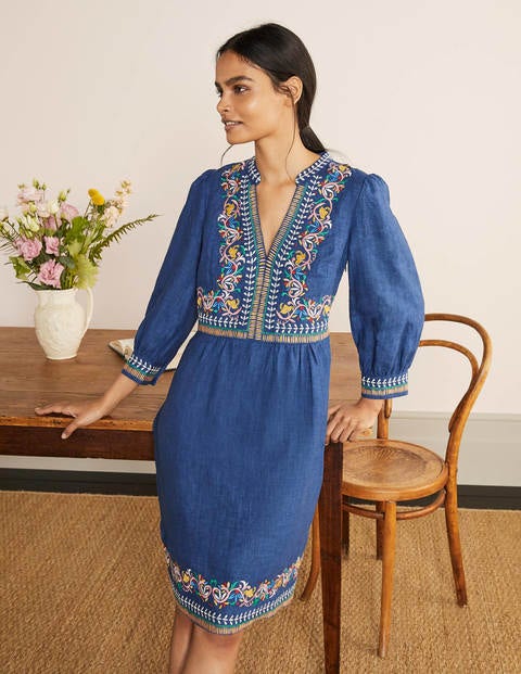 Dakota Embroidered Linen Dress - Mid Blue Delave