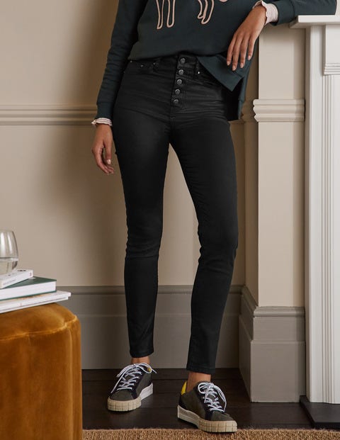 Button Fly Skinny Jeans - Black Waxed