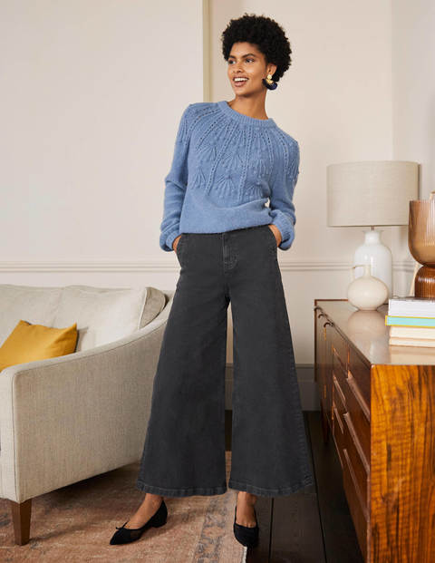 Wide Leg Denim Culottes - Washed Black