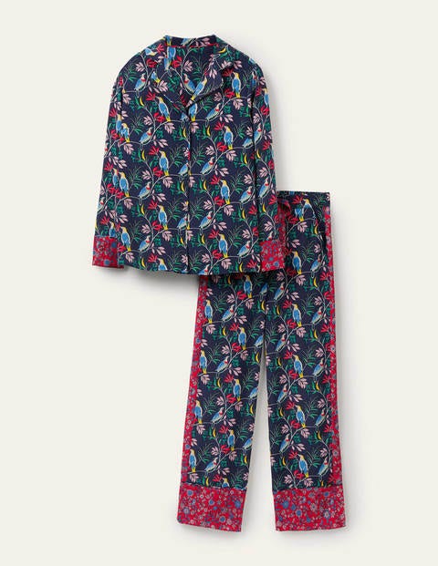 Silk Pajama Set - Navy, Berry Bird