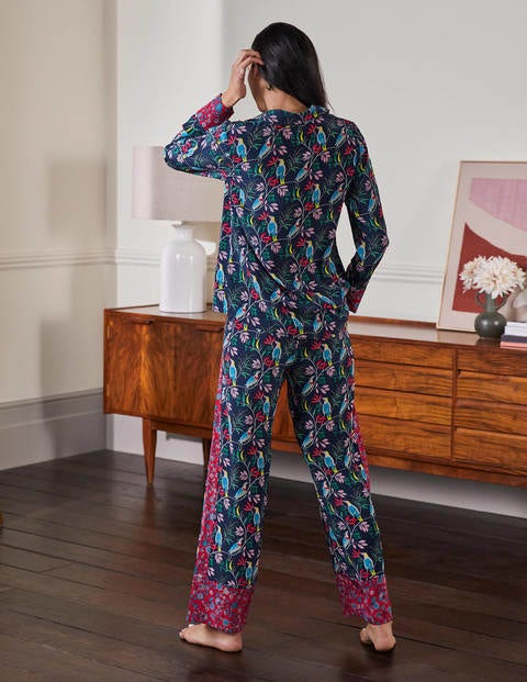 Silk Pajama Set - Navy, Berry Bird