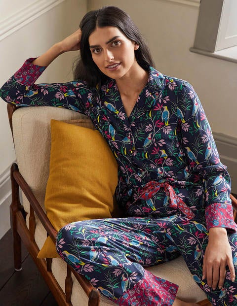 Silk Pajama Set - Navy, Berry Bird