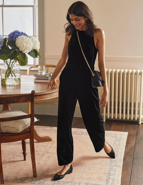 Halterneck Velvet Jumpsuit - Black | Boden UK