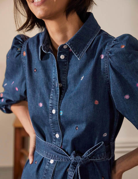 Straight Puff Sleeve Dress Denim Floral Mid Vintage