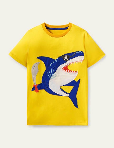 Mini Boden Kids' Yellow Shark Appliqué T-shirt Daffodil Yellow Shark Boys Boden
