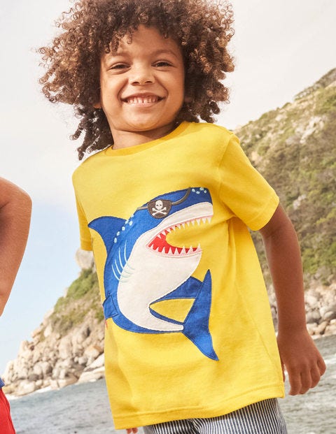 Mini Boden Kids' Shark Applique Cotton T-Shirt in Daffodil Yellow Shark at Nordstrom, Size 4-5Y