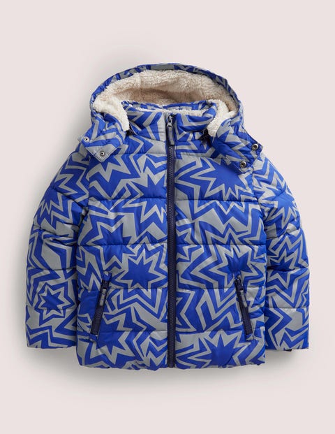 Blue Star Print Reflective Waterproof Puffer Jacket - Blue Reflective Star