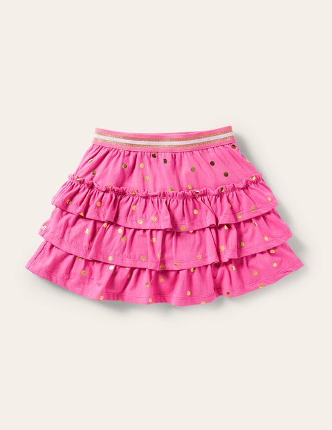 Mini Boden Kids' Jersey Ruffle Skort Bright Petal Pink Gold Spot Girls Boden