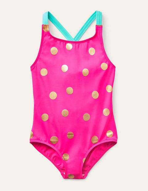 Mini Boden Kids' Cross-back Printed Swimsuit Fuchsia Pink Foil Spot Girls Boden