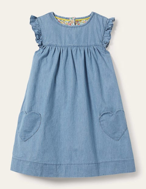 Denim Love Heart Frill Sleeve Dress Denim Girls Boden