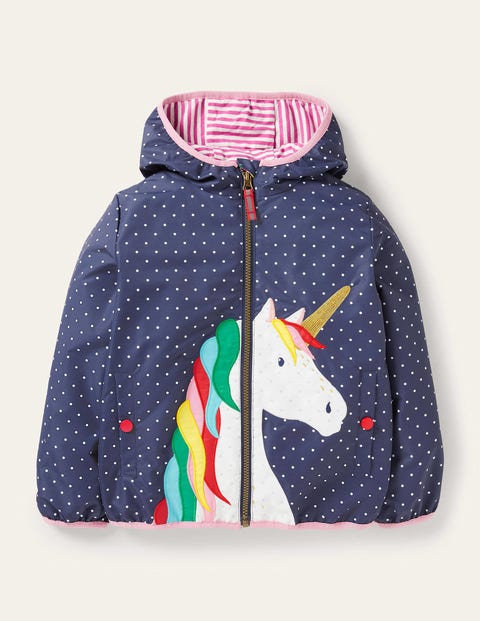 Navy Polka Dot Unicorn Rain Jacket Fille Boden, NAV