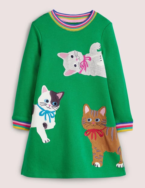Green Rainbow Cat Print Sweatshirt Dress Fille Boden, BGR