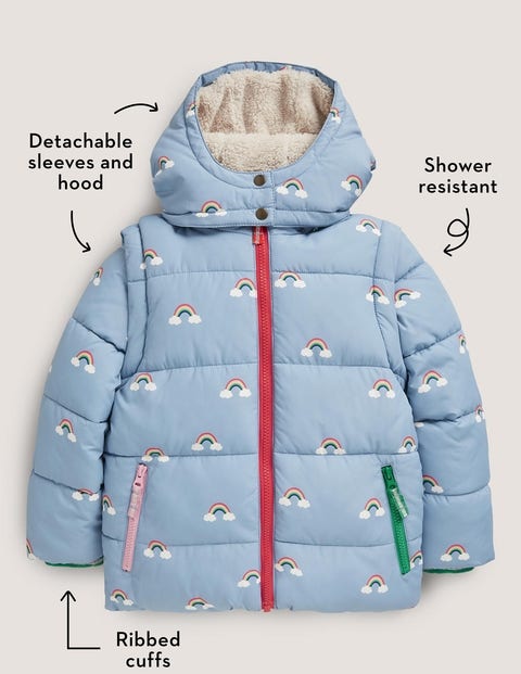 Blue Rainbow Print Puffer Jacket - Moroccan Blue Rainbows | Boden US