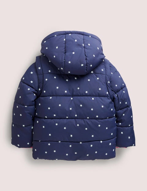 Navy Star Print Hooded Puffer Jacket - College Navy Confetti Star ...