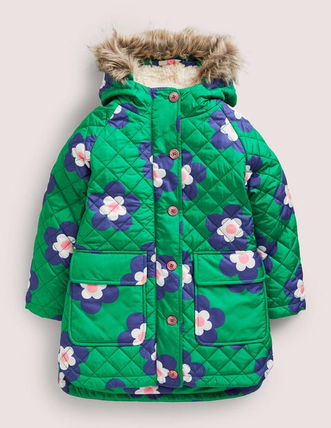 Green Floral Longline Quilted Jacket Green Daisy Geo