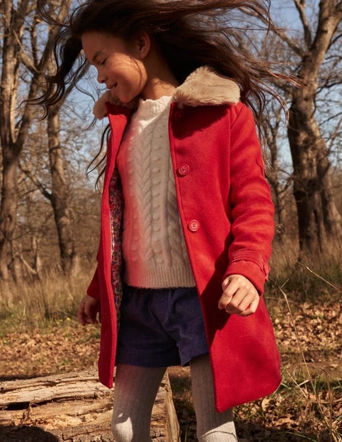 Red Fur Collar Wool Coat Cranberry Red