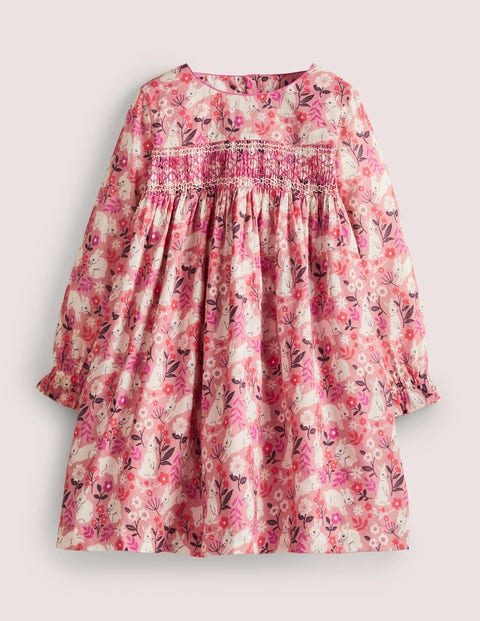 Pink Bunny Print Long-sleeved Smock Dress Fille Boden, SPK