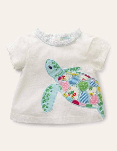 T-Shirt mit Applikation und Rüschenkragen Baby Boden, Naturweiß, Schildkröte