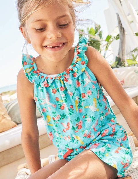 Charlie Pom Jersey Romper - Turquoise Tropical Garden