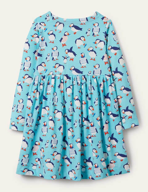Long Sleeve Fun Jersey Dress - Aqua Blue Puffins | Boden US