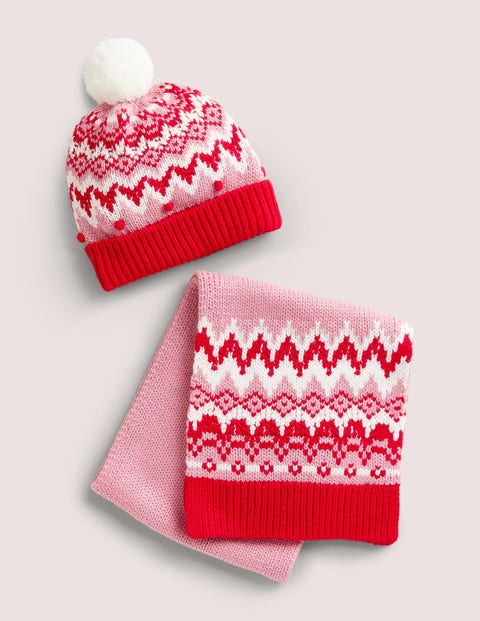 Fair Isle Hat and Scarf set Pink Girls Boden