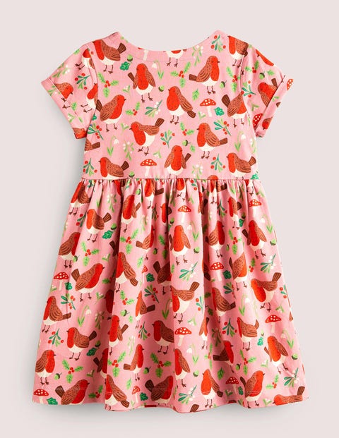 Fun Jersey Dress - Formica Pink Festive Robins | Boden US