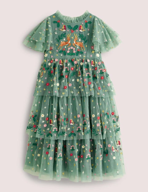 Green Frill Sleeve Tulle Embroidered Party Dress Fille Boden, LGR