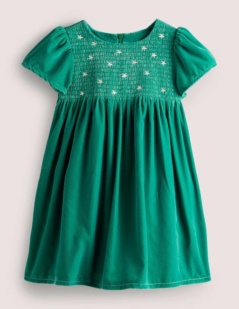 Robe de fête en velours à smocks Fille Boden, GRN