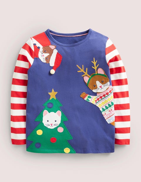 Oberteil mit weihnachtlicher Applikation - Segelblau, Festliche Katzen ...