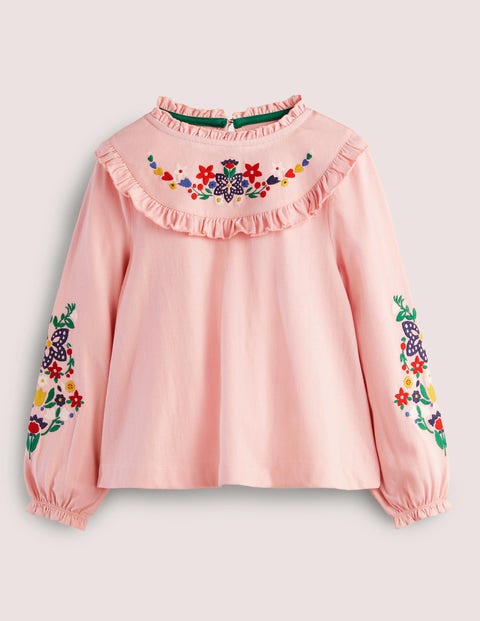 Embroidered Frilly Top Pink Girls Boden