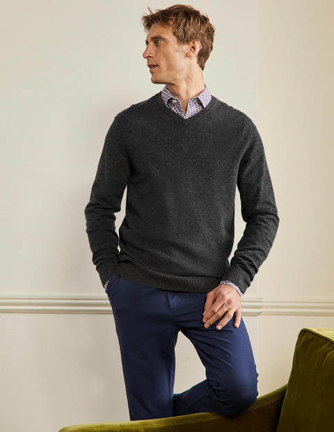 Cashmere V-neck - Dark Grey Melange | Boden UK