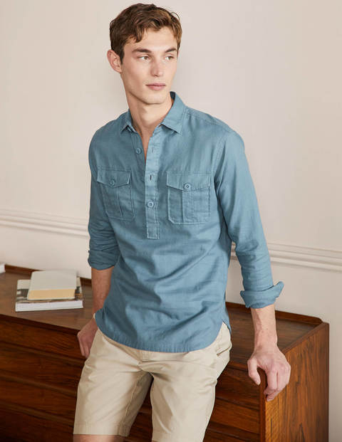 Linen Cotton Popover Shirt - Aegean Blue Herringbone | Boden UK