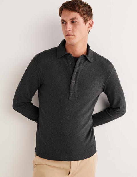 Long Sleeve Smart Jersey Polo - Charcoal Grey Marl | Boden US | Poloshirts
