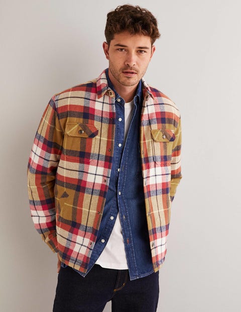 Sherpa Lined Overshirt - Camel/Red Check | Boden US