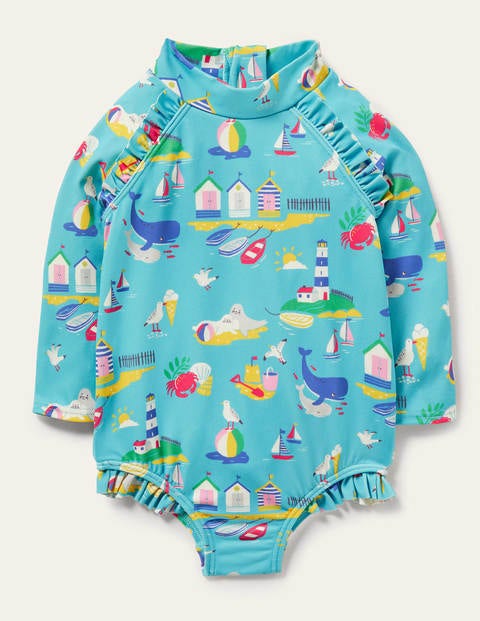 Maillot de bain manches longues volanté Bébé Boden, BLU