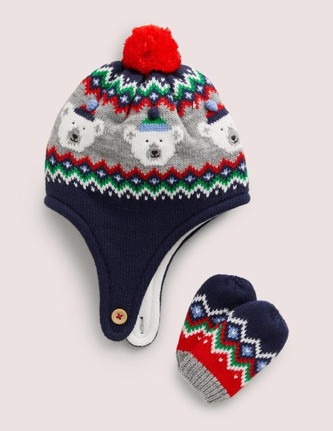 Baby Hat and Mitten Set Navy Girls Boden