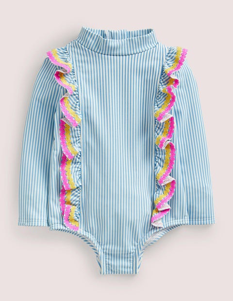 Long-sleeve Frilly Swimsuit Blue Girls Boden