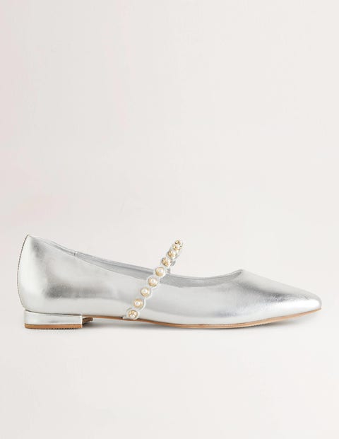 Silber-Metallic, Ballerinas mit Perlenriemen, Damen, Boden, Silber-Metallic