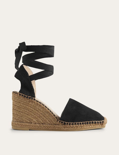 Schwarz, Espadrilles mit Keilabsatz und eckiger Zehenpartie, Damen, Boden, Schwarz