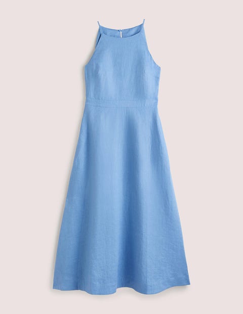 Halterneck Linen Midi Dress - Riviera Blue | Boden US