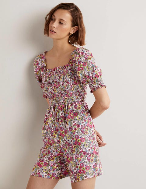 Smocked Bodice Playsuit Multi, Bloom Garden Women Boden